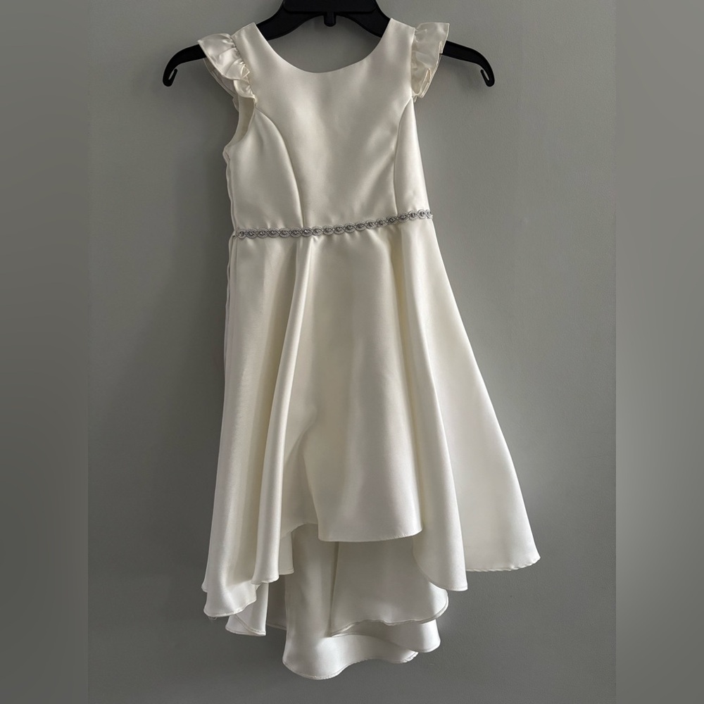 Rare Editions Ivory Kids Flower Girl Dress with Ruffle Sleeves Long Train Back